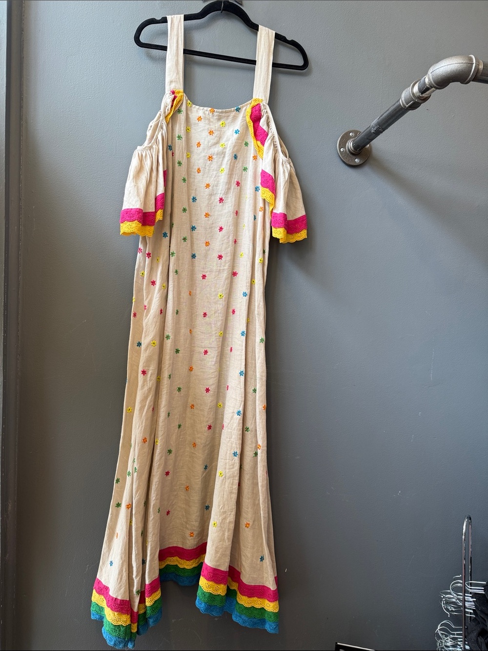 Beige Linen Embroidered Maxi Dress with Rainbow Trim - Picture 5 of 5